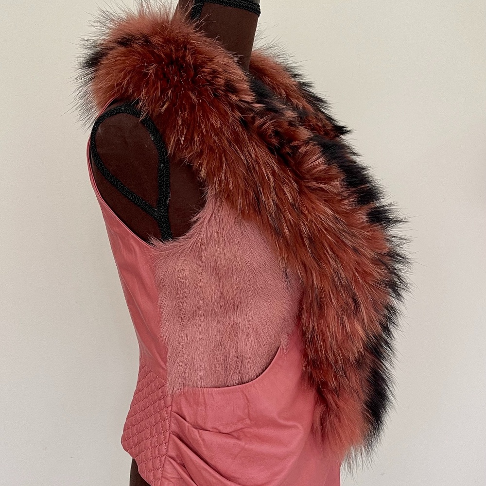 New Pink Leather Vest with Real Fox Fur